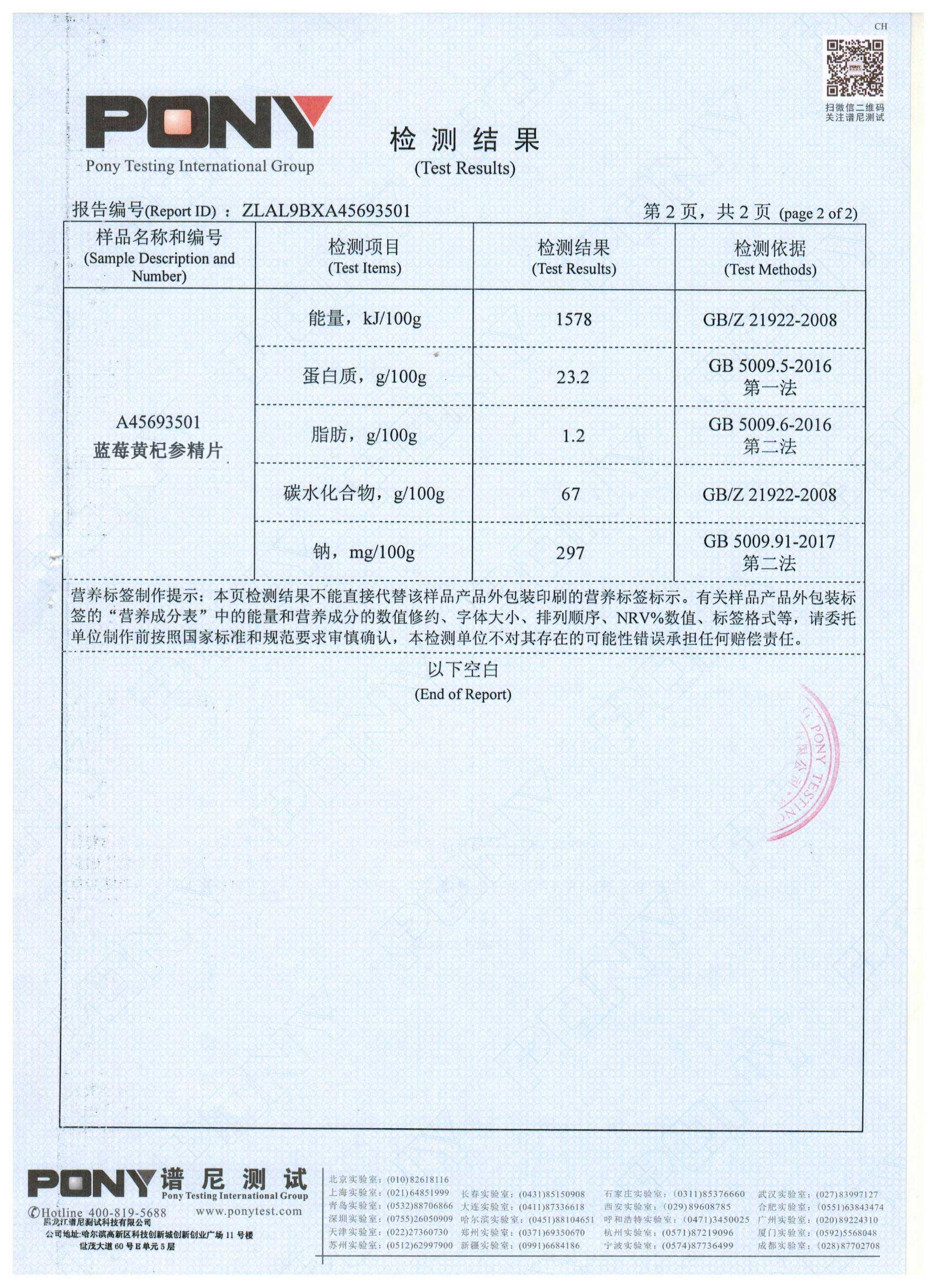 acy蓝莓黄杞参精片2020年度检测报告